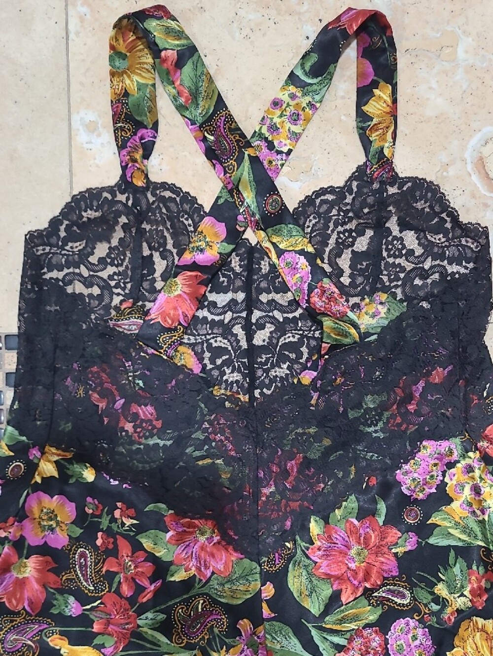 Vanity Fair Vintage Black Floral Lace Maxi Dress with Pink and Yellow Blooms - Picture 8 of 16